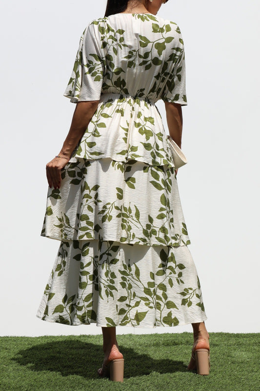 V Neck Tiered Midi Dress