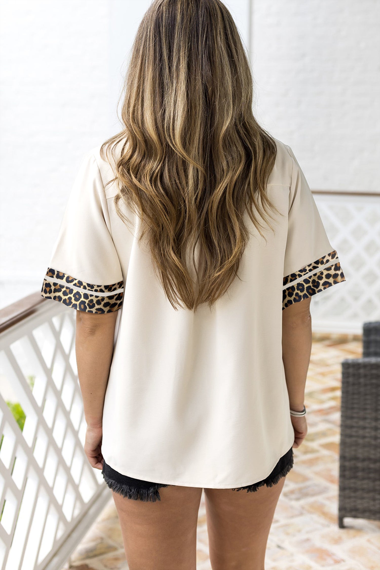 Jet Stream Leopard Patchwork Trim Split Neck Short Sleeve Blouse