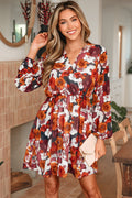 Red Floral Print Wrap V Neck Puff Sleeve Flowy Mini Dress
