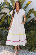 White Colorblock Rickrack Trim Short Sleeve Drawstring Waist Long Dress