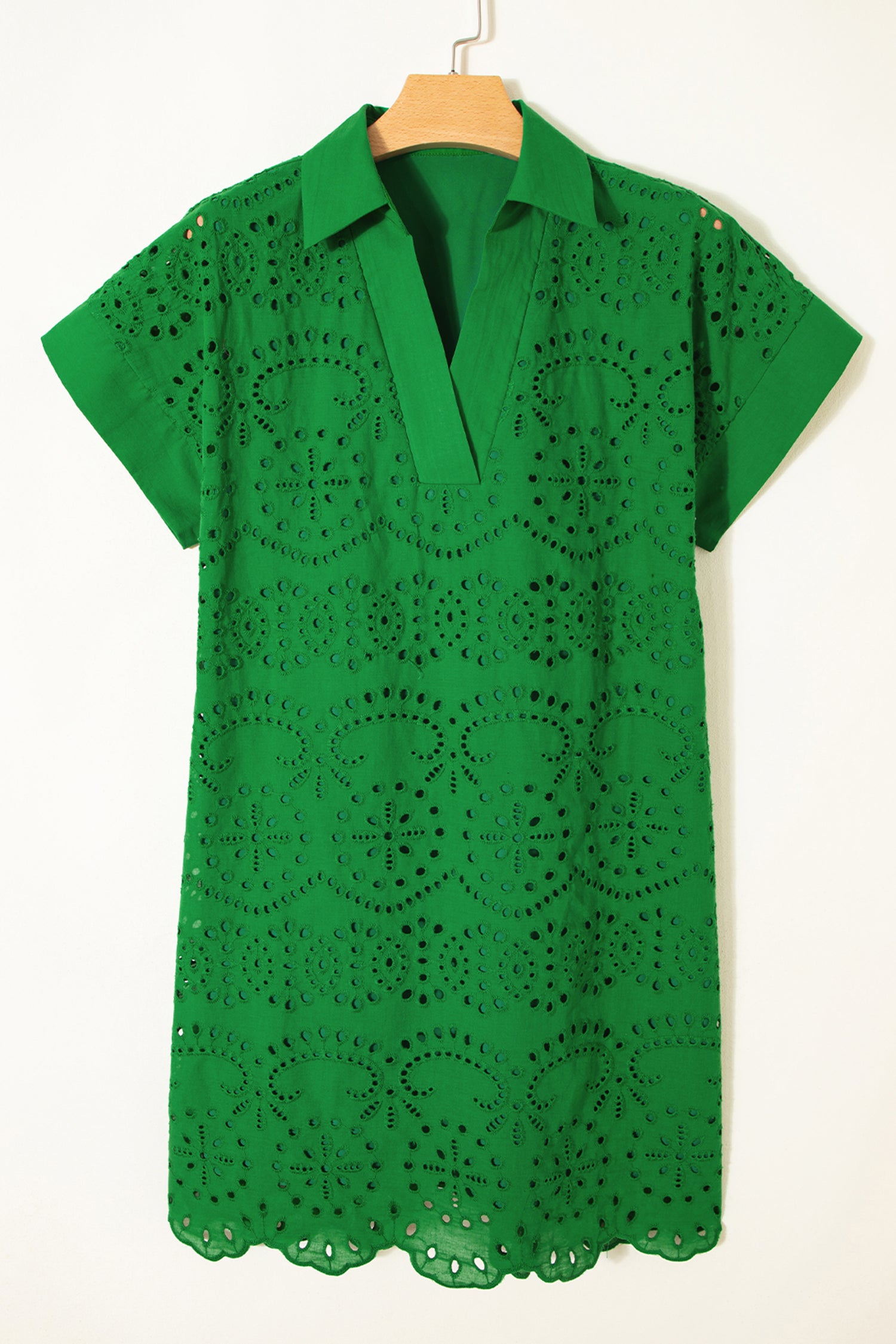 Green Solid Color Eyelet Embroidered T Shirt Mini Dress