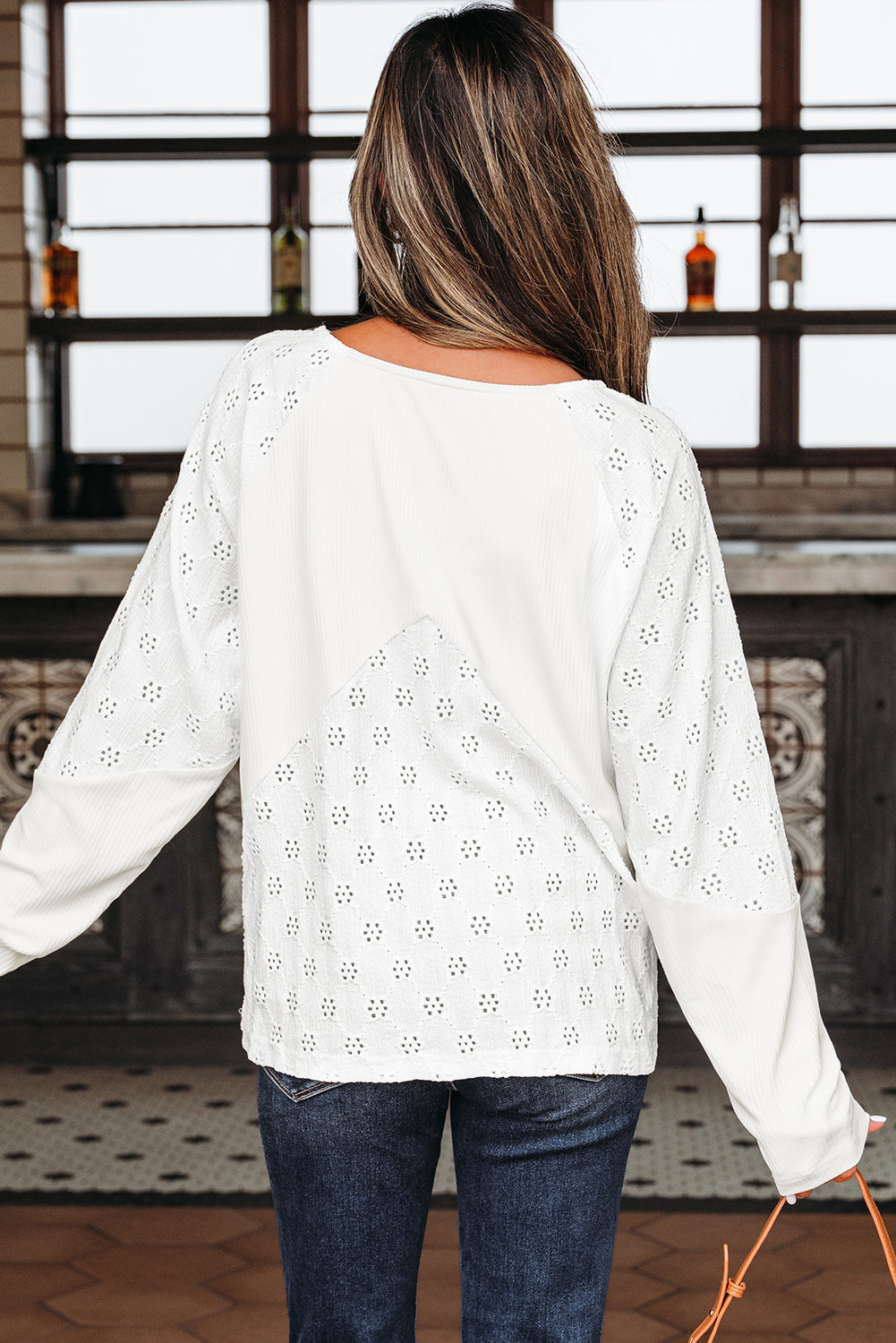 White Twisted Rib Patchwork Embroidered Loose V Neck Long Sleeve Top