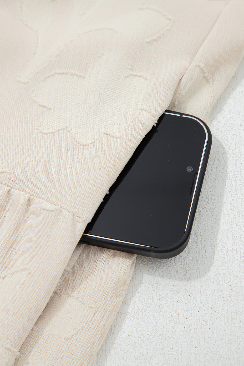 Parchment Long Sleeve Notched Neck Jacquard Tiered Mini Dress