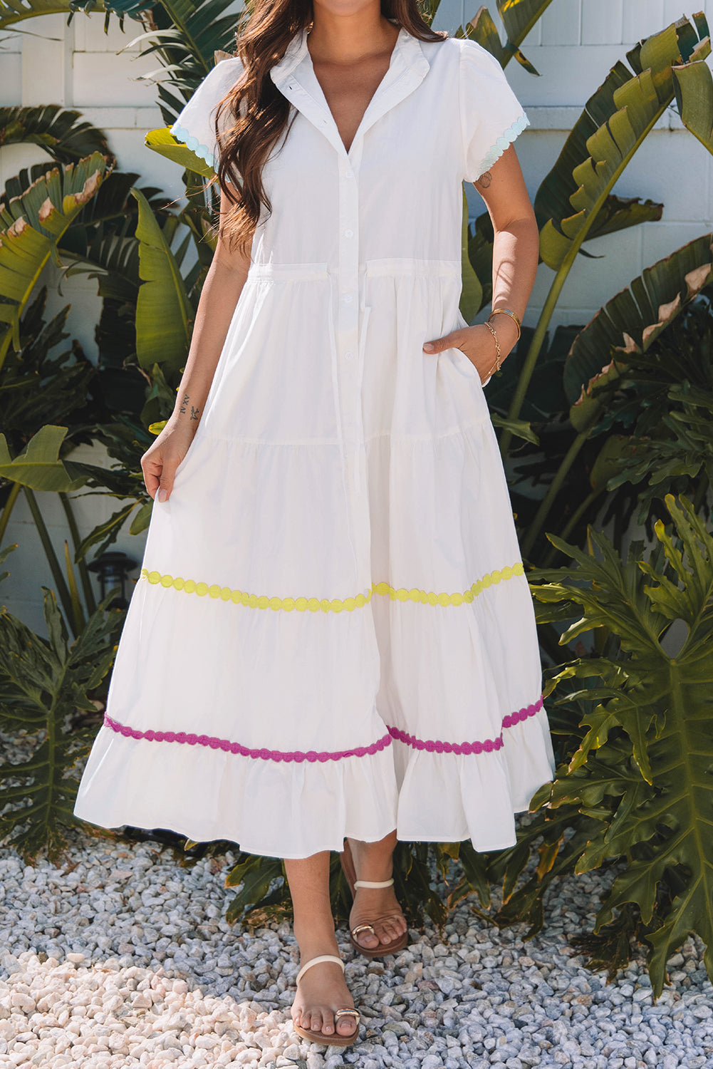 White Colorblock Rickrack Trim Short Sleeve Drawstring Waist Long Dress