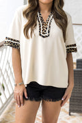 Jet Stream Leopard Patchwork Trim Split Neck Short Sleeve Blouse