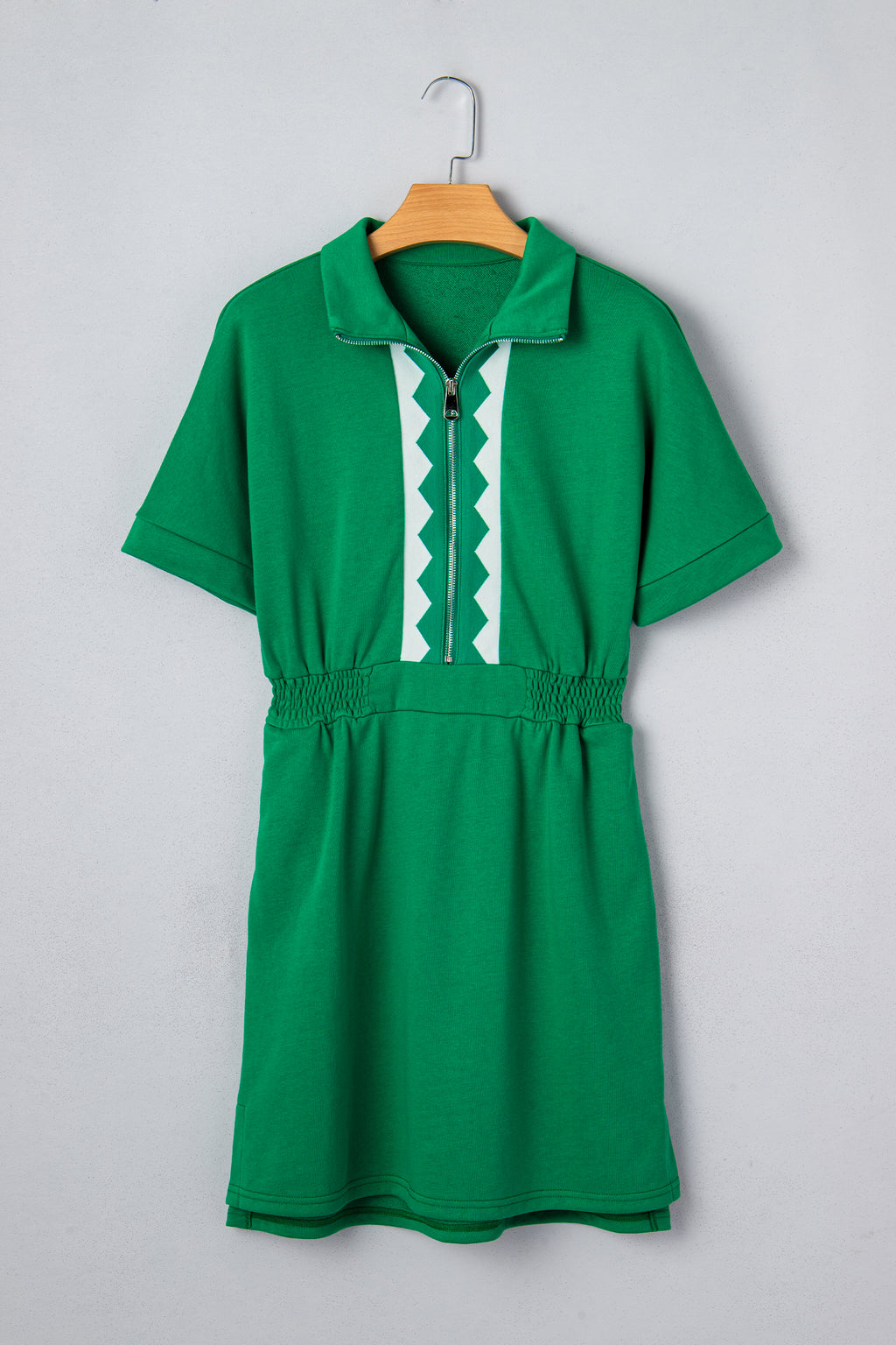 Bright Green Contrast Patchwork Half Zip Elastic Waist Short Sleeve Mini Dress