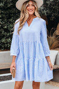 Sky Blue Stripe Bracelet Sleeve Tiered Shift Dress with Pockets