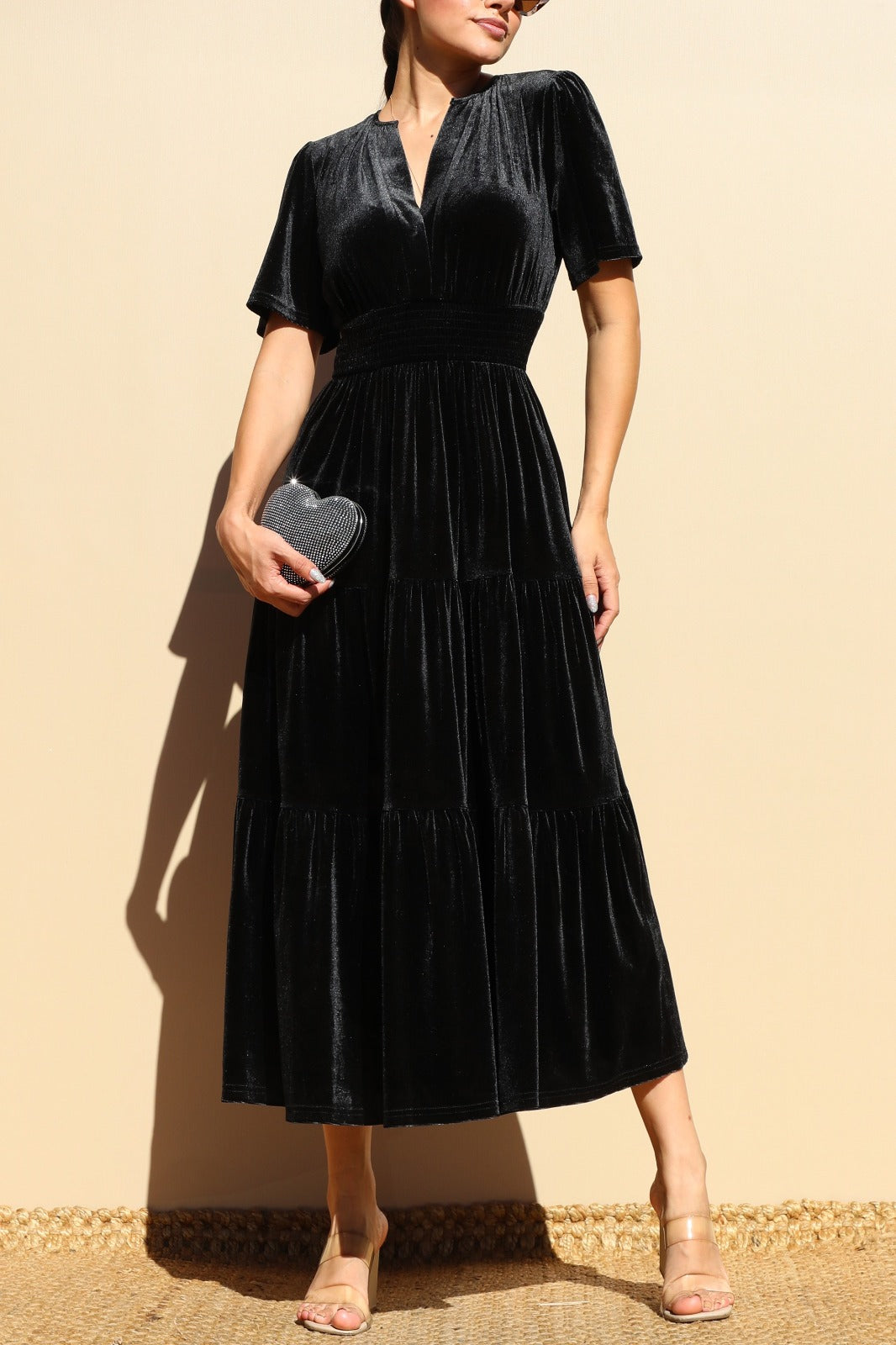 Velvet V Neck Midi Dress