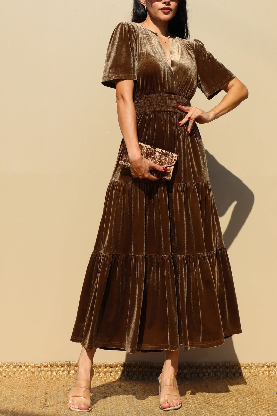 Velvet V Neck Midi Dress