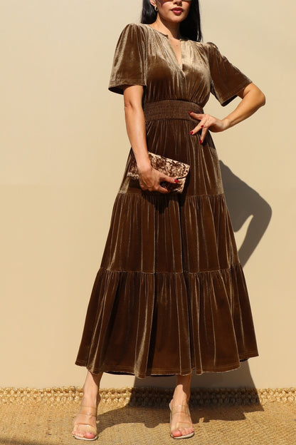Velvet V Neck Midi Dress