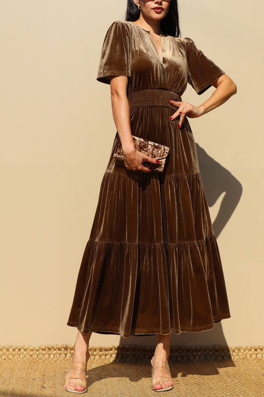 Velvet V Neck Midi Dress
