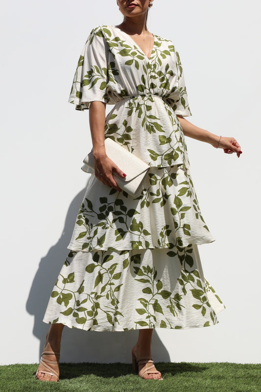 V Neck Tiered Midi Dress