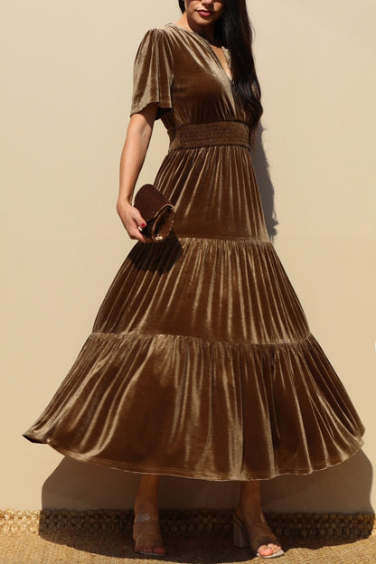 Velvet V Neck Midi Dress