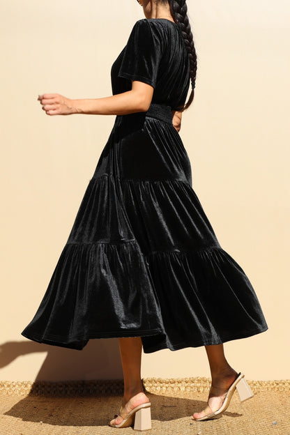 Velvet V Neck Midi Dress