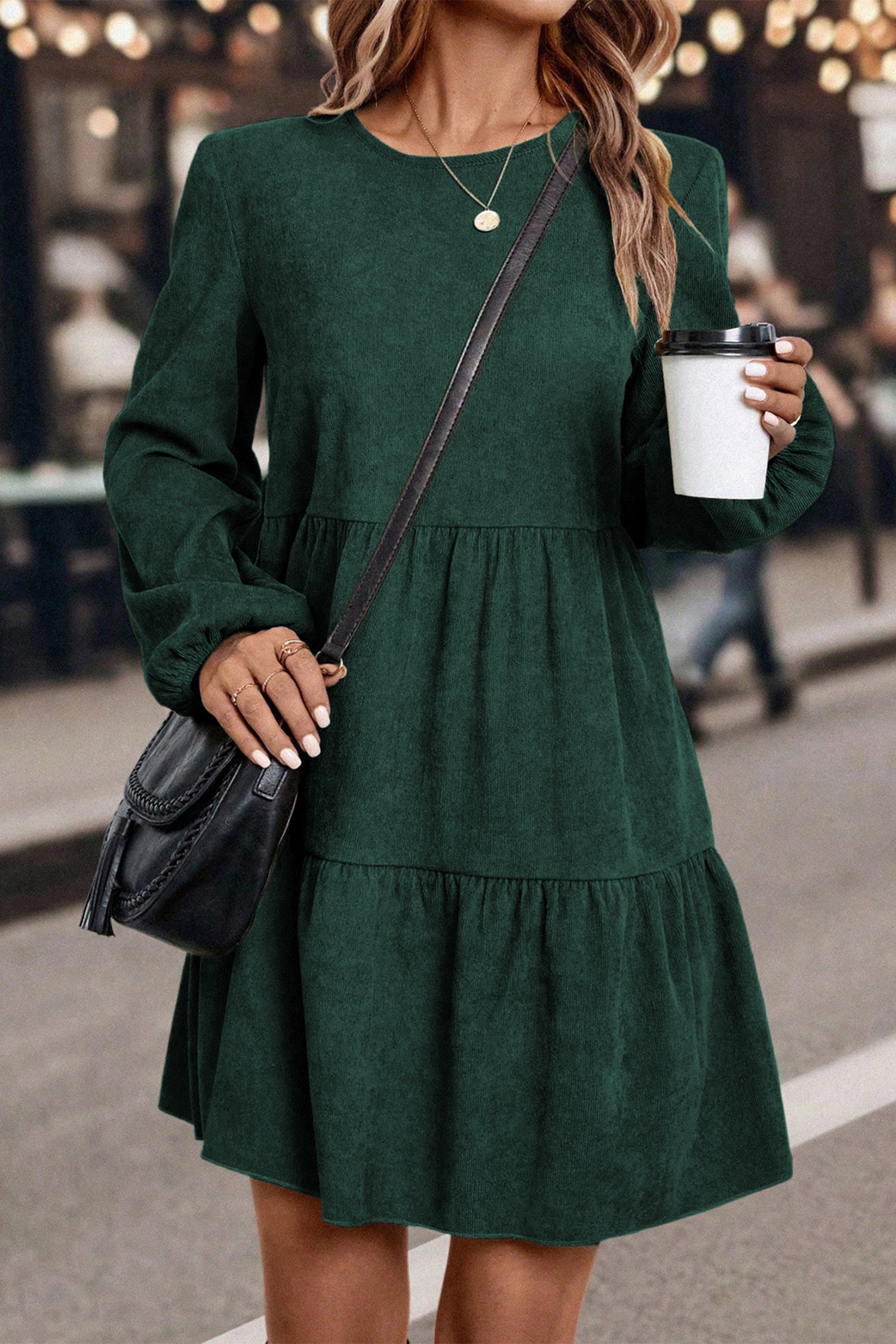 Mist Green Lantern Sleeve Tiered Mini Dress