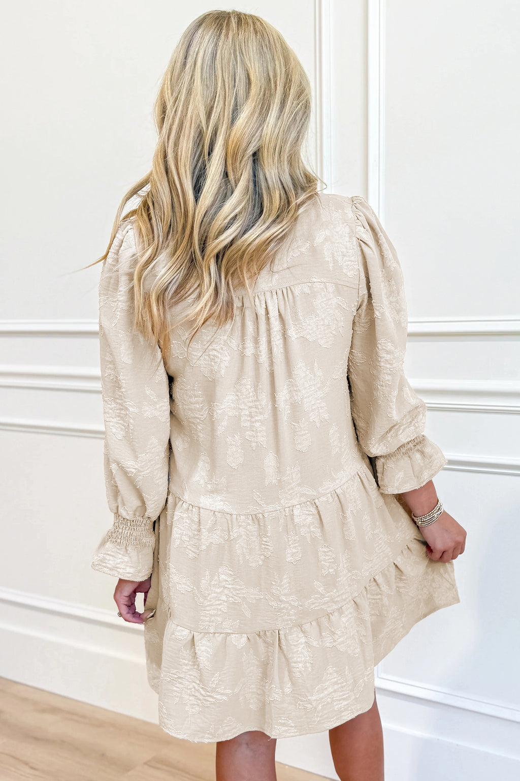 Parchment Long Sleeve Notched Neck Jacquard Tiered Mini Dress