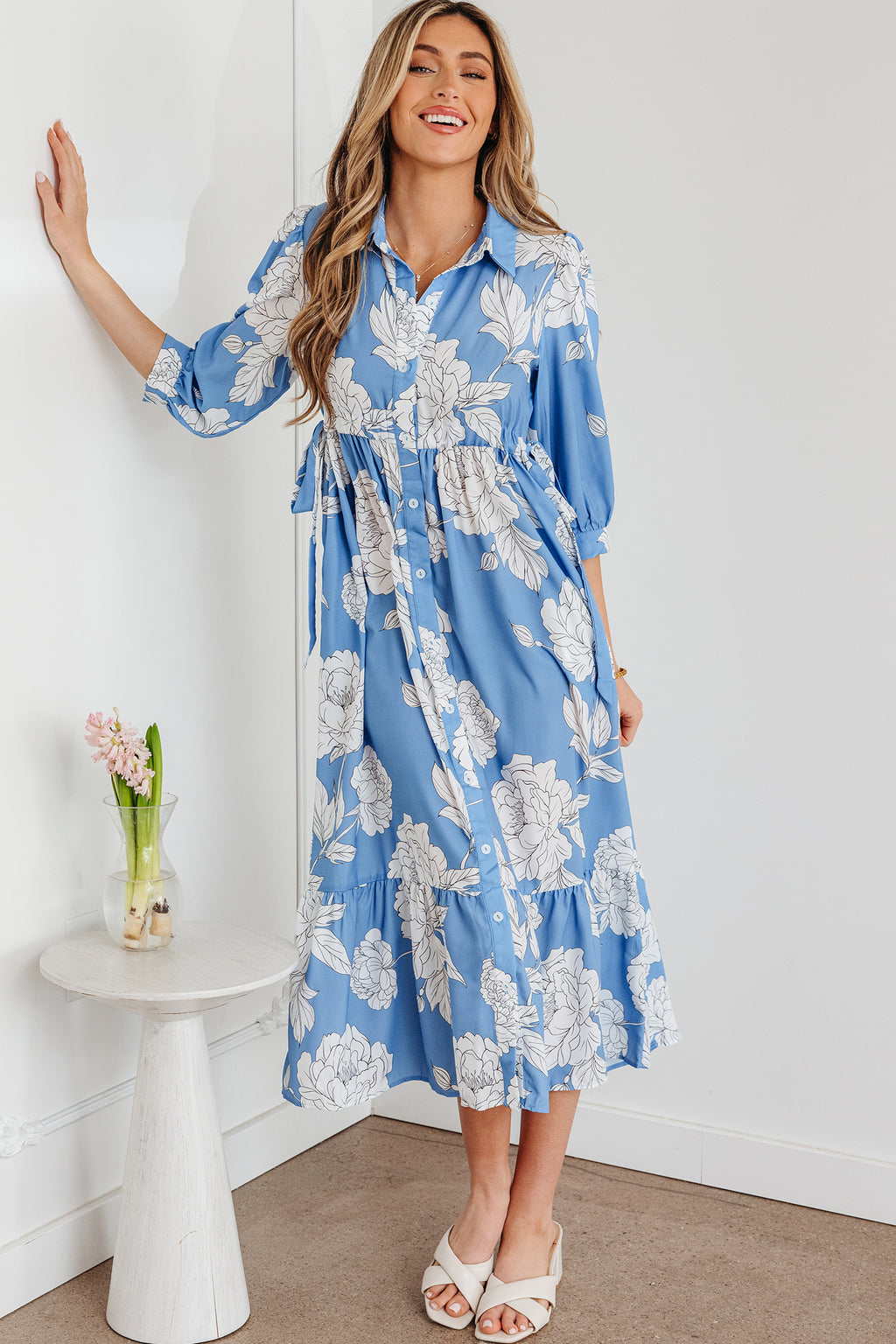 Sky Blue Floral Print Shirt Collar Button Down 3/4 Sleeve Ruffle Hem Long Dress