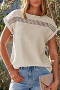 Beige Crochet Insert Textured Cotton Short Sleeve Blouse Top