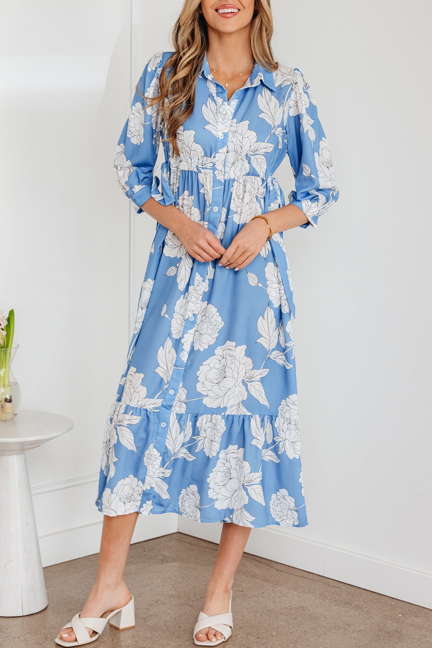 Sky Blue Floral Print Shirt Collar Button Down 3/4 Sleeve Ruffle Hem Long Dress