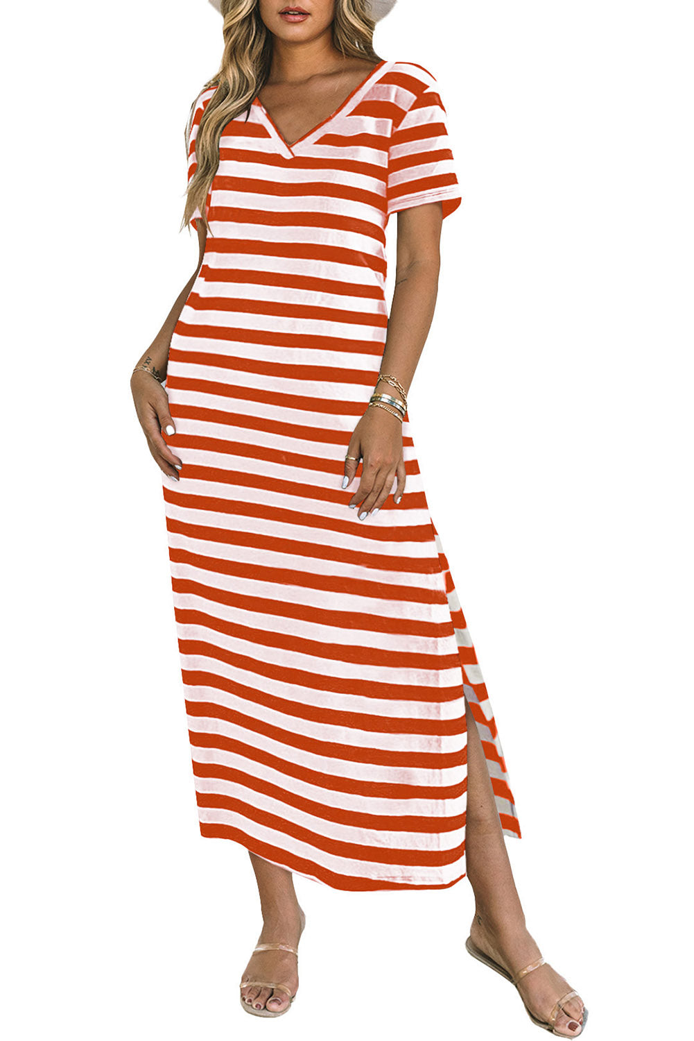 Fiery Red Black Stripe Print V Neck Maxi Dress with Side Splits