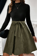 Black Ribbed Knit Slim Bodice Contrast Flared Skirt Patchwork Belted Dress