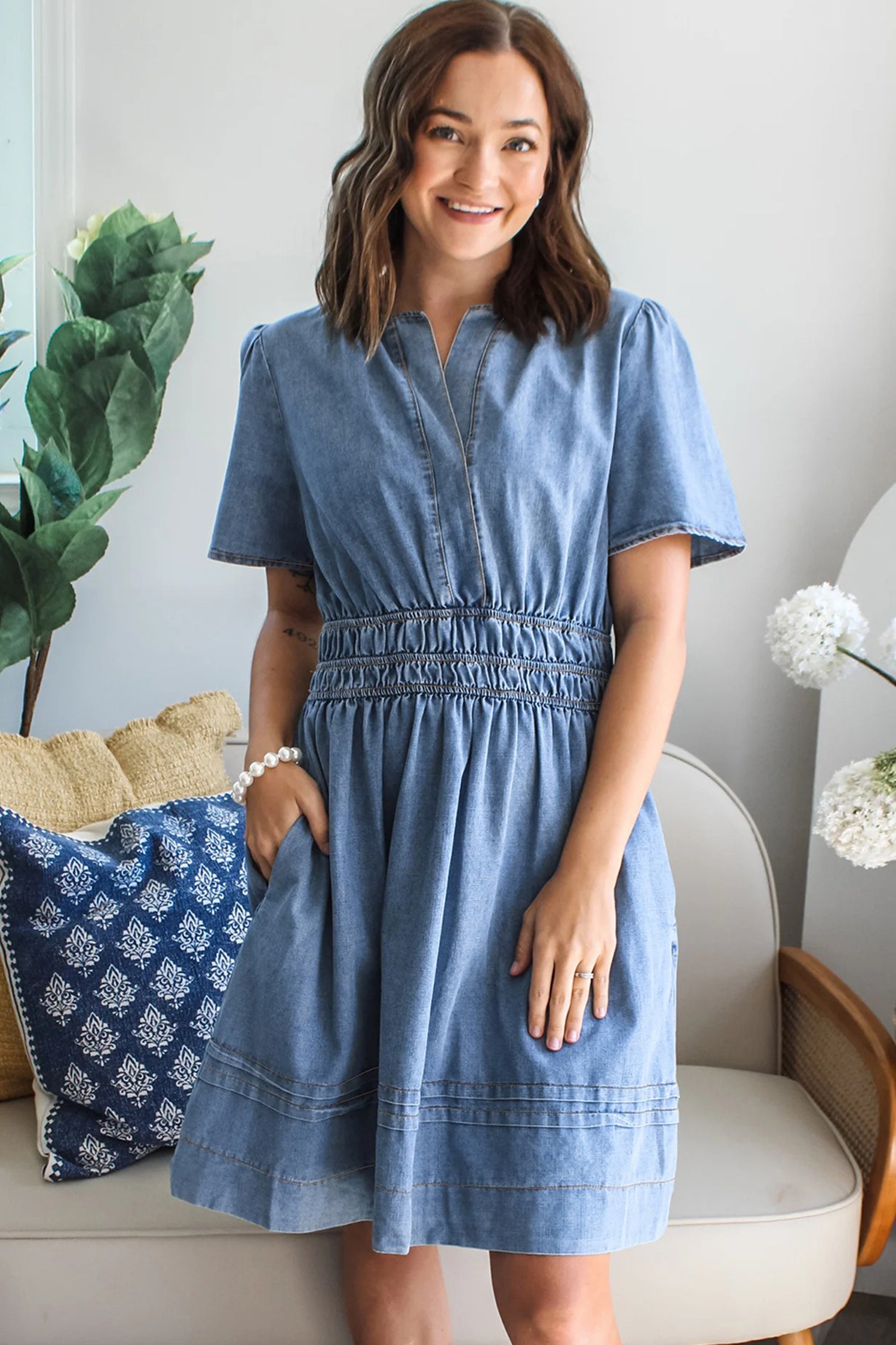 Myosotis Elastic Waist Short Sleeve Denim Mini Dress