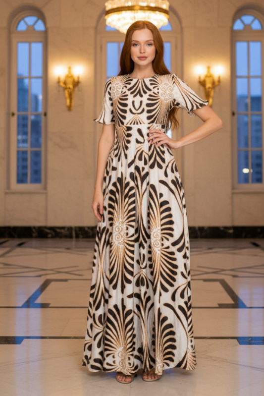 Modelo con vestido art déco en interior elegante