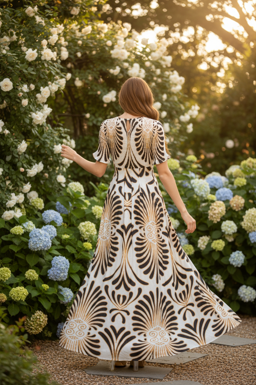 Modelo con vestido art déco en jardín