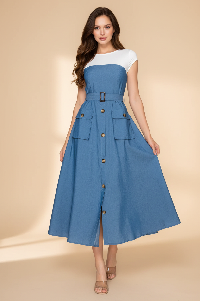 Modelo con vestido azul, fondo beige